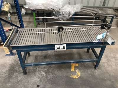 Stainless steel roller conveyor on steel fabricated stand