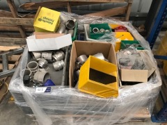 Pallet of stores supplies including camlock fitting, stainless steel elbows, stainless clamps, pipe brackets and sundry items