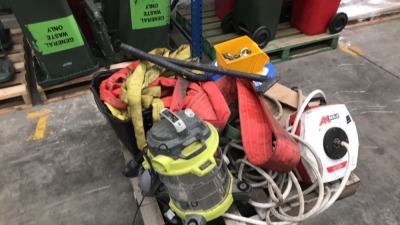 Assorted lifting slings, retractable hose reels, Ryobi vacuum, boot brush and sundry items