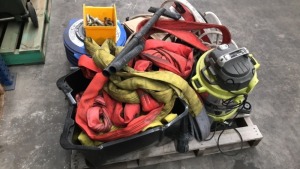 Assorted lifting slings, retractable hose reels, Ryobi vacuum, boot brush and sundry items - 2