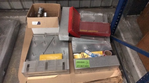 3 x Lockout equipment storage racks and assorted tags
Box of assorted machine parts