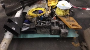 Pallet of assorted parts including pipe trolley, 20kg & 25kg weights, electrical and mechanical service parts, stainless Steel mesh rubber matting and sundry items - 4