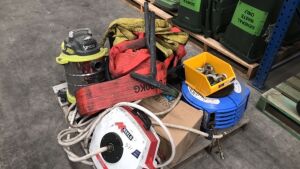 Assorted lifting slings, retractable hose reels, Ryobi vacuum, boot brush and sundry items - 4