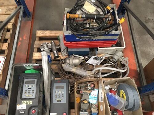 Pallet of assorted machine parts including; 2 x tensor control units, assorted valves , atlas copco 3/8 drive wrenches, grinding wheels and sundry parts