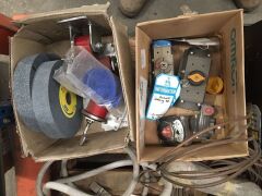 Pallet of assorted machine parts including; 2 x tensor control units, assorted valves , atlas copco 3/8 drive wrenches, grinding wheels and sundry parts - 3