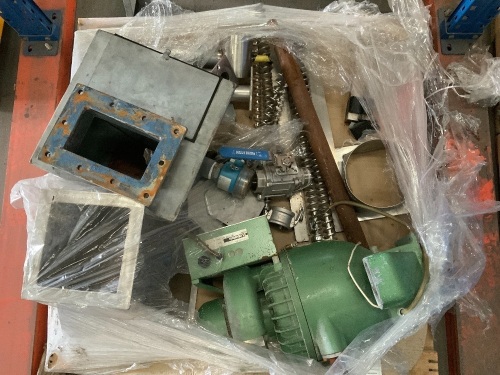 Pallet containing Labotek vacuum motor, various hoppers, valve and parts