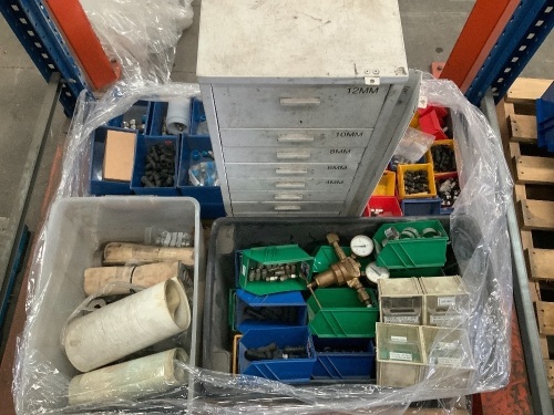 Pallet containing air fittings in plastic parts tubs and 8 drawer steel cabinet