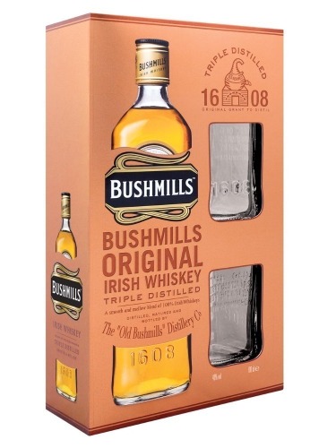 DNL LOT OF 6 of Bushmills Original Blended Irish Whiskey & 2 Bushmills branded whiskey glasses 40% 1L
