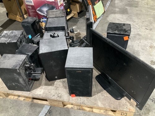 Pallet of Mixed Items Incl. Klipsch Speakers, Various Screens, HP Monitor, Grundig Monitor and More