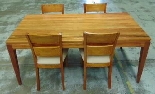 5 Piece Dining Setting with 1800 Dining Table. Dims 1800W x 940D x 770Hmm, Teak finish with Beige padded Chairs