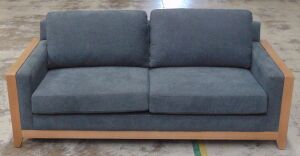 Charcoal 2.5 Seater Sofa with timber rails and arm rest - Charcoal fabric cushions - Dims 2050W x 900D x 890H mm