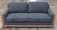 Charcoal 2.5 Seater Sofa with timber rails and arm rest - Charcoal fabric cushions - Dims 2050W x 900D x 890H mm