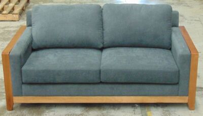 Charcoal 2 Seater Sofa with timber rails and arm rest - Charcoal fabric cushions - Dims 1830W x 900D x 890H mm