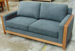 Charcoal 2 Seater Sofa with timber rails and arm rest - Charcoal fabric cushions - Dims 1830W x 900D x 890H mm - 2