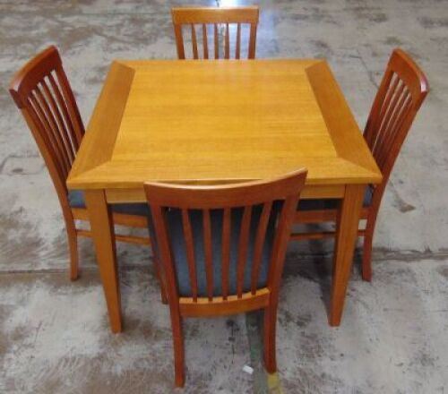 5 Piece Dining Setting with 1000x1000 Square Dining Table. Dims 1000W x 1000D x 770Hmm, Teak finish with Charcoal padded chairs