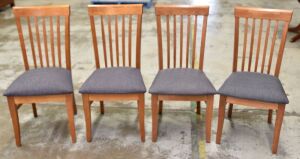 4 x Timber Dining Chairs with Charcoal Padded Cushion - Dims 490W x 530D x 940Hmm - Item has marks and scratches - 4