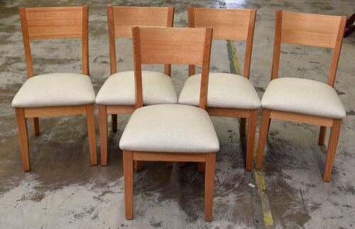5 x Timber Dining Chairs with Beige Fabric Padded cushion - Dims 470W x 450D x 880H mm