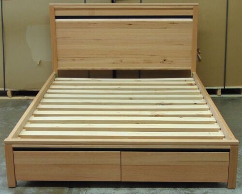 Timber Queen Size Bed with solid slat base, 2 drawer under footboard storage - Dimensions 1610W x 2150 L mm