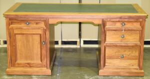 Timber Executive Desk with green insert table top. 3 Drawers and 1 x Door single shelf storage. Dimensions 1700W x 800D x 780H mm.