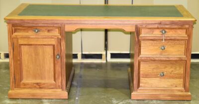 Timber Executive Desk with green insert table top. 3 Drawers and 1 x Door single shelf storage. Dimensions 1700W x 800D x 780H mm.