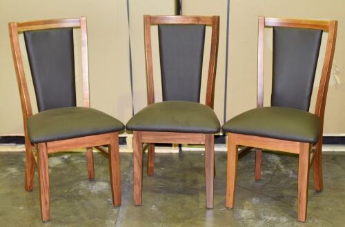 3 x Timber with Brown/Chocolate PU Padded cushion top Dining chairs - Dimensions 500W x 450D x 940H mm.