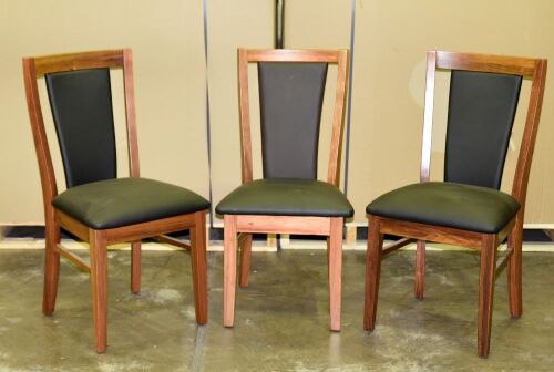 3 x Timber with Black PU Padded cushion top Dining chairs - Dimensions 500W x 450D x 940H mm.