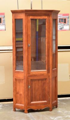 Timber Corner Display Cabinet with 2 x glass shelves with a built in down light and under storage area. Dimensions 540 x 540 x 2060H mm