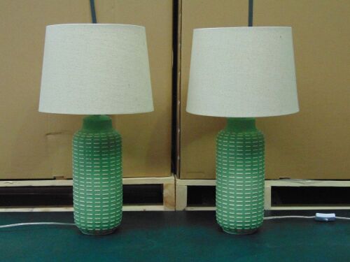 Pair of Matching bedside lamps. Green Ceremic Base with Beige Shades