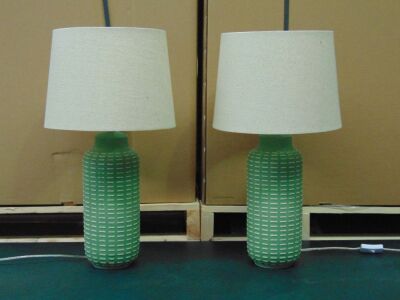 Pair of Matching bedside lamps. Green Ceremic Base with Beige Shades