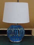 Pair of Matching bedside lamps. Blue Plastic Base with Beige/White Shades. Both Shades are different styles, bases are the same - 2