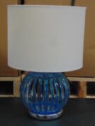 Pair of Matching bedside lamps. Blue Plastic Base with Beige/White Shades. Both Shades are different styles, bases are the same - 3