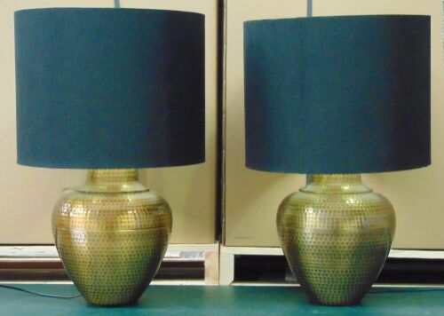 Pair of Matching Mayfield 1127 Bedside lamps. Beatn Brass Base with Black large shades
