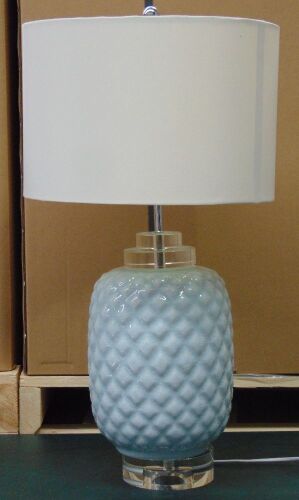 Blue Glass pinapple effect base lamp with white shade ( Single lamp only )