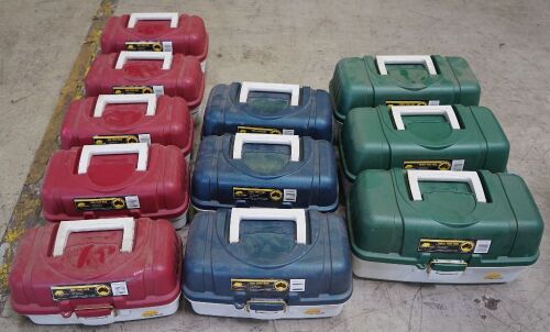 Assorted Carton of Plano Tackle Boxes (3x Blue 56.2x21.5x19.6Cm, 5 x Red 35.5x20.9x18.4, 3x Green 42.7x23.1x21.5)