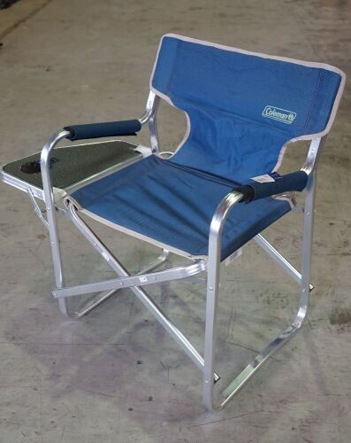 Colemans steel directors chair and side table, Rated Capacity:135 Kg. External Dimensions:60L x 78W x 49H cm