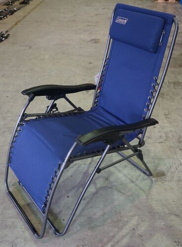 Coleman Chair Layback Lounger w/ Drink Holder Fold Headrest Blue Camping Travel