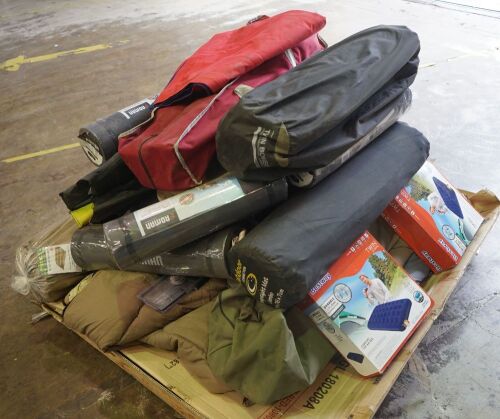 pallet of assorted camping accessories, consisting of sleeping bags, camp chairs, air mattress and more
