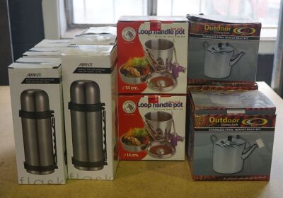 Box of Assorted camp gear comprising of 3 x S/steel teapot billy, 2 x Loop Handle pot, 3 x 1.12lt insulated flask, 3 x 750 ml insulated flask