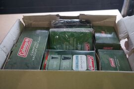 Box of assorted camping cooking gear, comprising of 3 x saucepans, 1 x 3 quart saucepan, 1 x collapsable saucepan and 1 x camp billy.