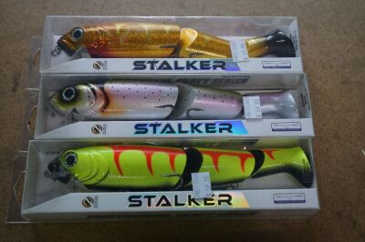 3 x Stalker wake baits, 250mm/136gm. Depth 0-1ft