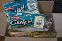 Box of assorted Berkley Gulp Bait and other brands