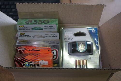 Box of Assorted Fishing Accessories comprising of Power Pro, Trilene and Asso Fishing line, + 1 x Coleman CHT7 Headlamp