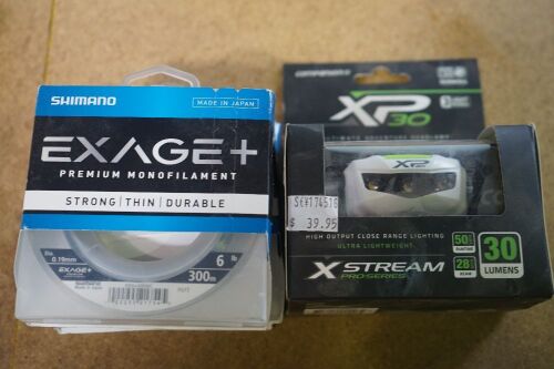 Shimano Exage+ Premium Monofilament Fishing Line x 3 pack, + Companion XP30 headlamp