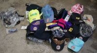 box of assorted kids sunvisors, caps and sunglasses