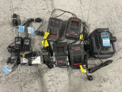 Box of Bosch Battery Chargers, Makita Power Supplies
