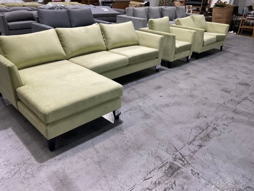 Murraya Lounge Suite with 2.5 Seater LH Chaise Lounge, 2 Seater Lounge, and 1 Seater Armchair in Upholstered Regis Celery Fabric