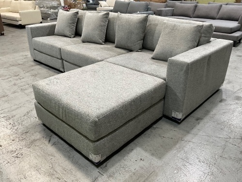 Calvin 3 Seater Lounge with Ottoman in Upholstered Frontier Pewter Fabric
