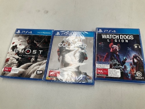 3 x PS4 Games (Ghost of Tsushima, Watch Dogs Legion and Call of Duty Black Ops Cold War)