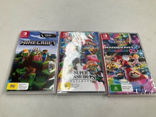 3 x Nintendo Switch Games (Minecraft, Super Smash Bros Ultimate and MarioKart 8 Deluxe)