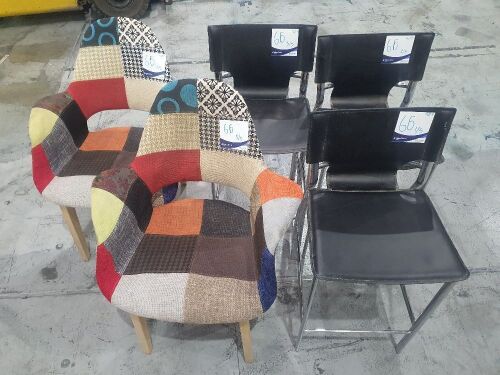 x3 Metal Stool with Leather Seats n Backing and x2 Colourful Patterned Fabric Chairs